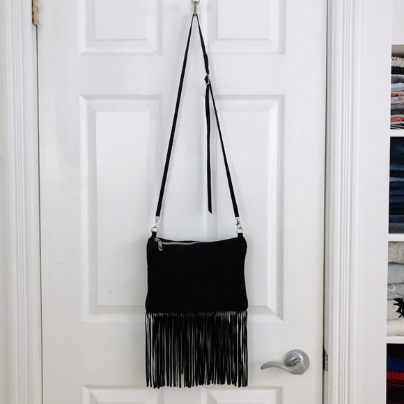 Black Leather Fringe Crossbody Made in Italy - Picture 2 of 4